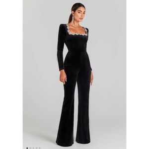 Nadine Merabi Elegant Black Jumpsuit with Embellished Neckline